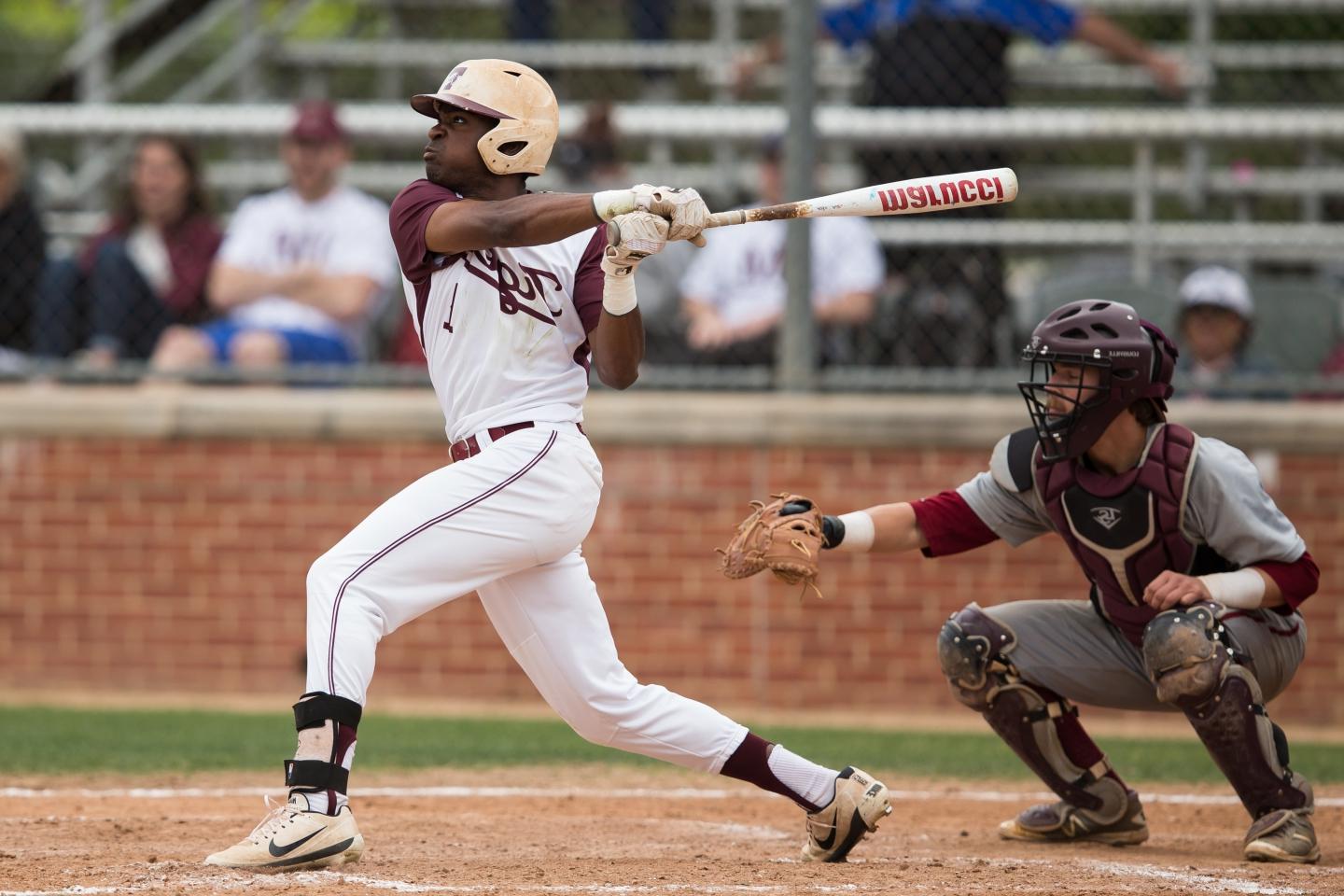 Trinity Tiger baseball player Rafe Chaumette swings at a pitch.